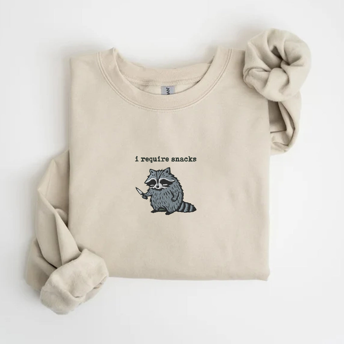 I Require Snacks Embroidered Raccoon Sweatshirt