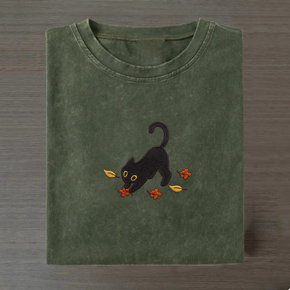 Cat Pouncing Leaves Embroidered T-shirt