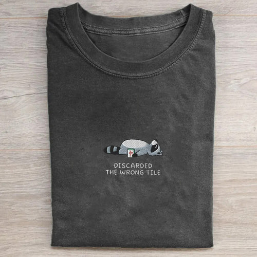 Embroidered Funny Mahjong Raccoon T-shirt