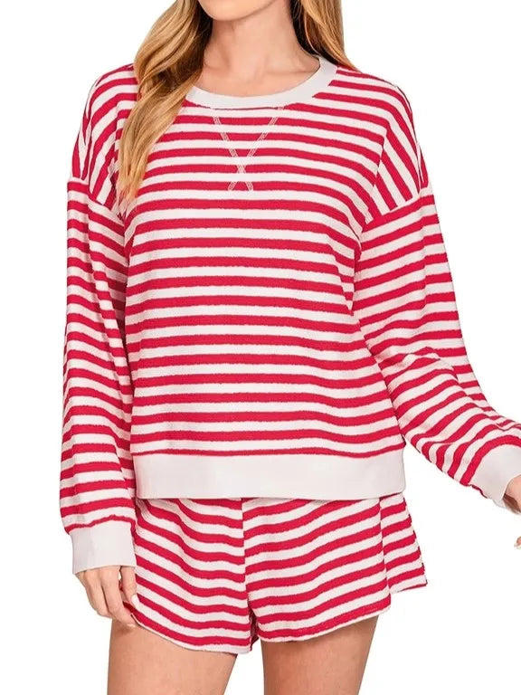 Custom Wholesale Autumn Women's Striped Cropped Long Sleeves Crewneck Sweatshirts Pullover Shorts Two Piece Set Manufacturer