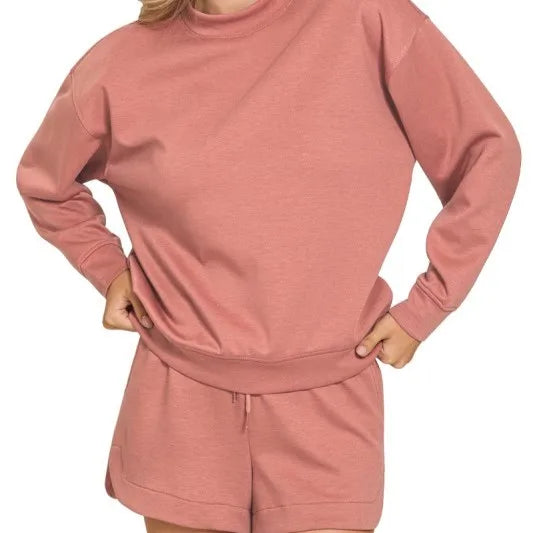 Wholesale Custom  Summer Cotton Long Sleeves Crewneck Sweatshirts Pullover Shorts Two Piece Set for Women