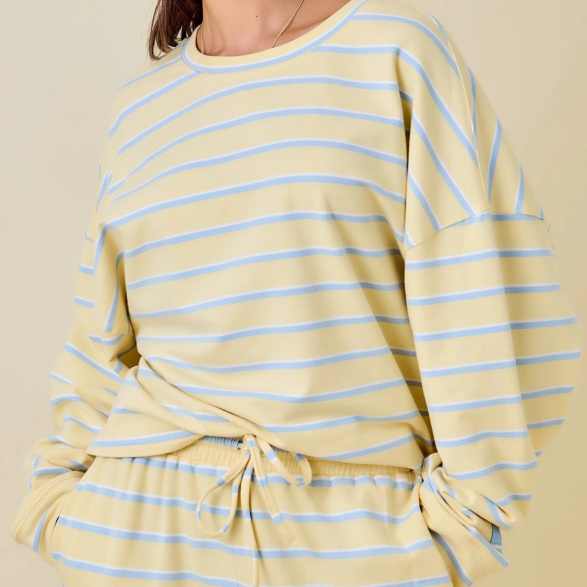 Custom Logo Casual Spring/Summer Women's Crew Neck Long Sleeve Double Striped Terry Loose Fit Sweatshirt Skort Set Breathable