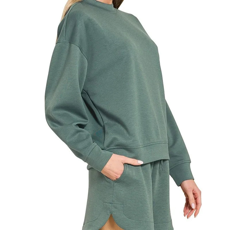 Wholesale Custom  Summer Cotton Long Sleeves Crewneck Sweatshirts Pullover Shorts Two Piece Set for Women