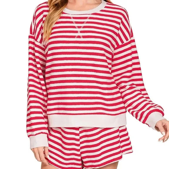 Custom Wholesale Autumn Women's Striped Cropped Long Sleeves Crewneck Sweatshirts Pullover Shorts Two Piece Set Manufacturer
