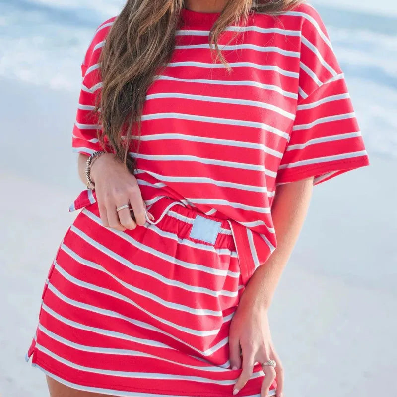 Custom Logo Casual Spring/Summer Women's Crew Neck Double Striped Patch Set Short Sleeve T-Shirts Skort Set Breathable