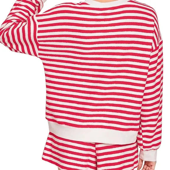 Custom Wholesale Autumn Women's Striped Cropped Long Sleeves Crewneck Sweatshirts Pullover Shorts Two Piece Set Manufacturer