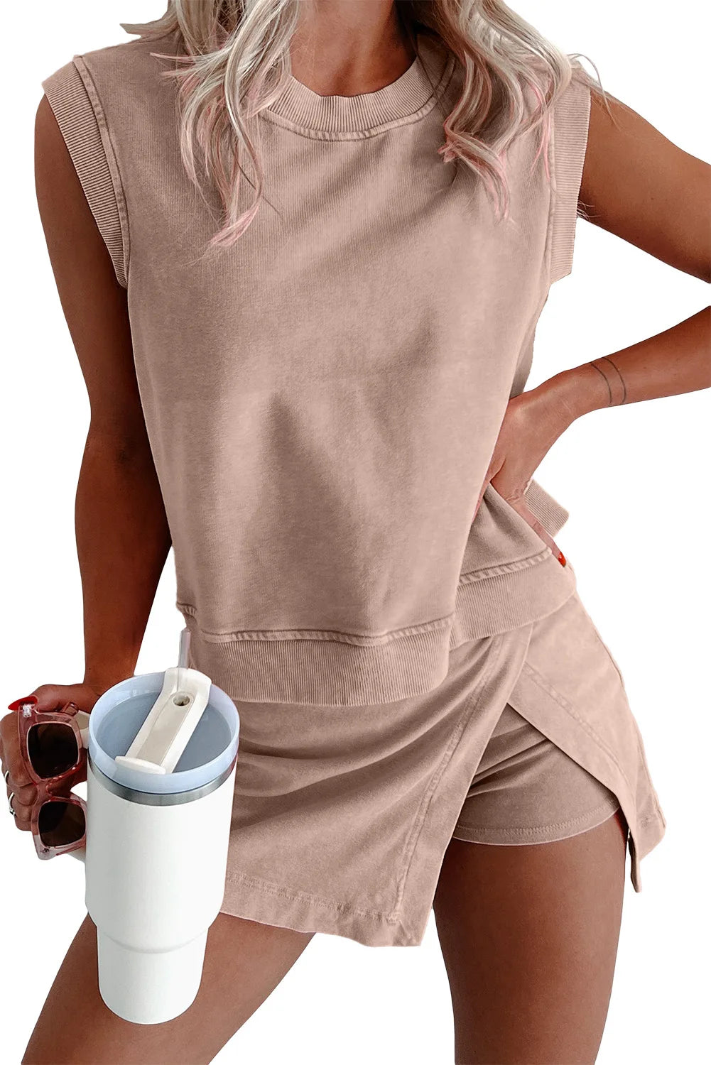 2 Piece Mineral Wash Tank Top Vest Lined Split Skirt Set for Women