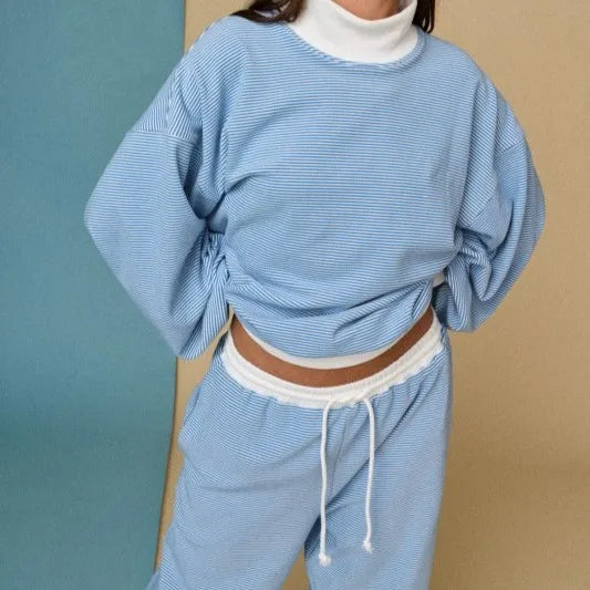 Custom Wholesale Autumn Women's Striped Terry Loose Long Sleeves Mock Neck Sweatshirts Pullover Pants Two Piece Set Manufacturer