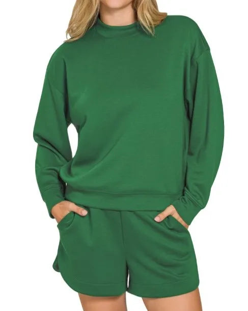 Wholesale Custom  Summer Cotton Long Sleeves Crewneck Sweatshirts Pullover Shorts Two Piece Set for Women