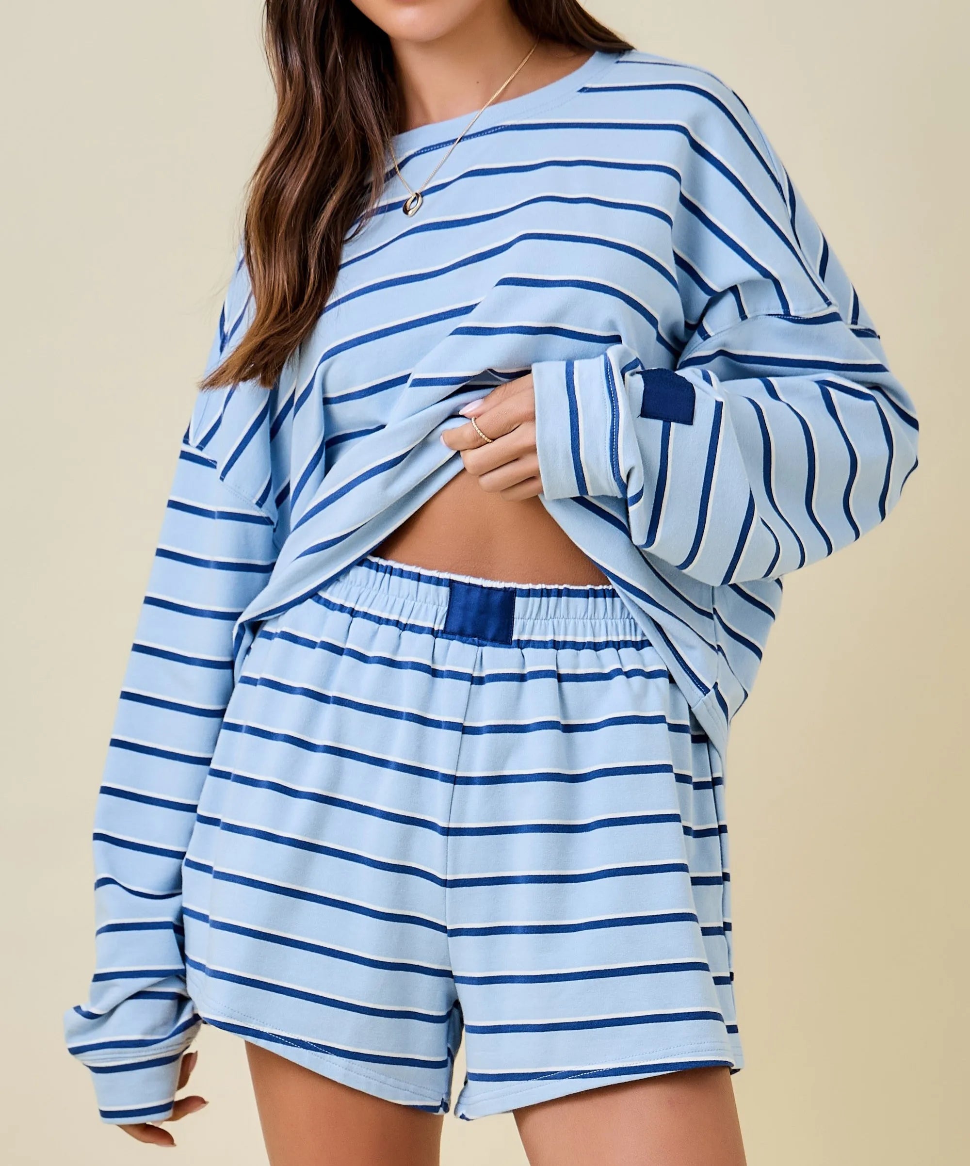 Custom Logo Casual Spring/Summer Women's Crew Neck Long Sleeve Double Striped Terry Loose Fit Sweatshirt Skort Set Breathable