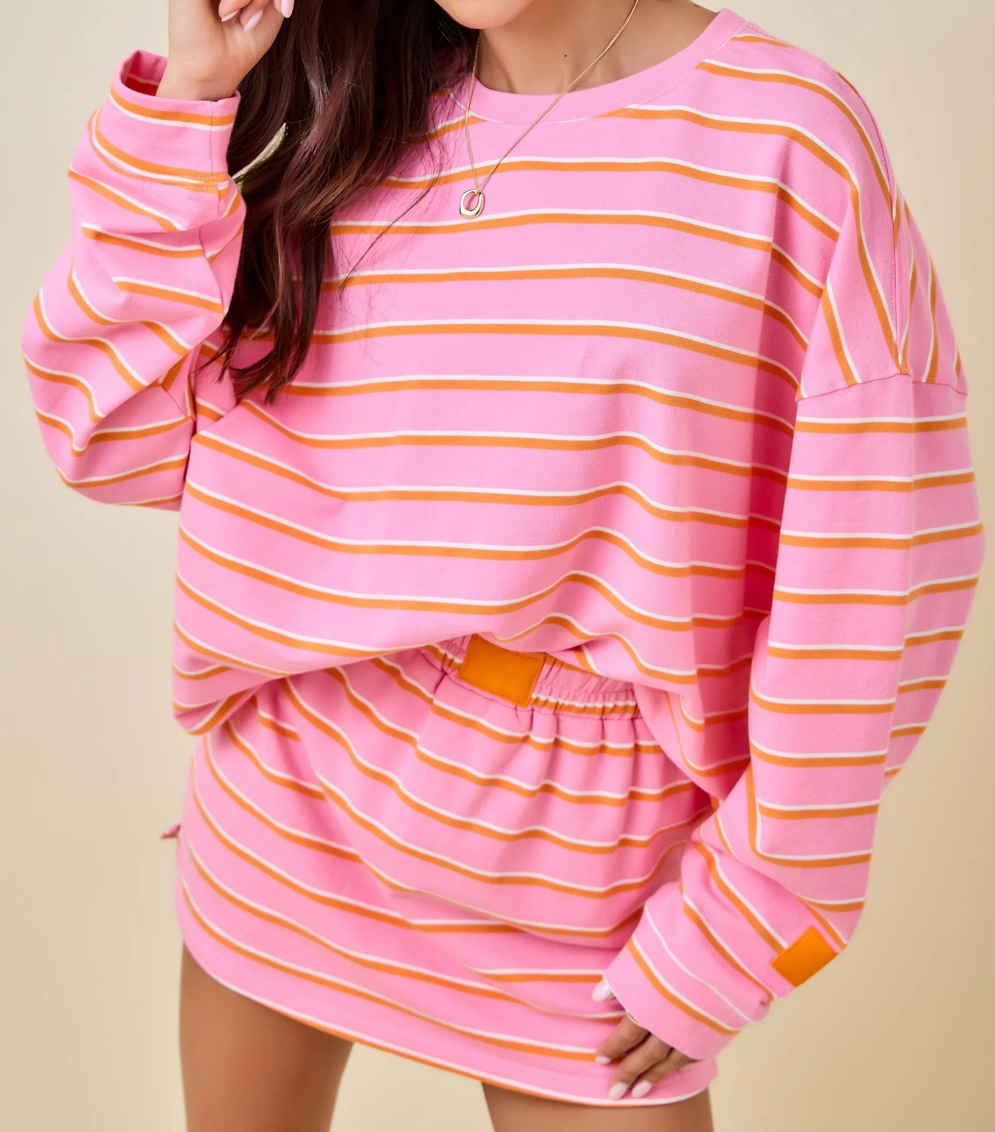 Custom Logo Casual Spring/Summer Women's Crew Neck Long Sleeve Double Striped Terry Loose Fit Sweatshirt Skort Set Breathable