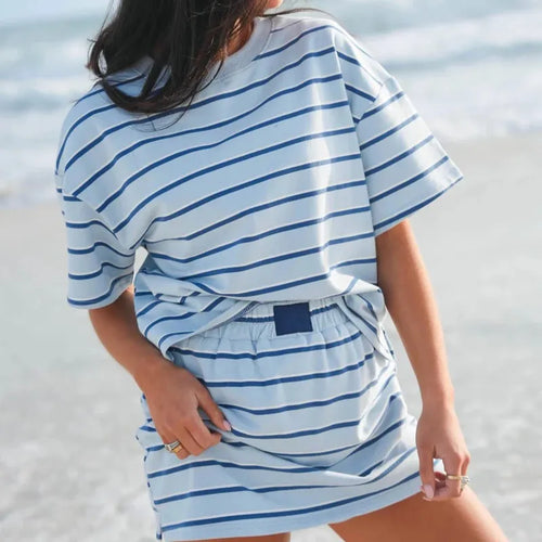 Custom Logo Casual Spring/Summer Women's Crew Neck Double Striped Patch Set Short Sleeve T-Shirts Skort Set Breathable