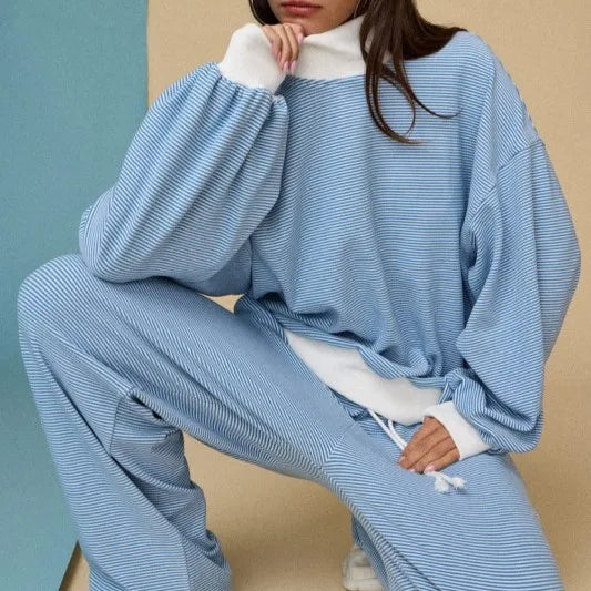 Custom Wholesale Autumn Women's Striped Terry Loose Long Sleeves Mock Neck Sweatshirts Pullover Pants Two Piece Set Manufacturer