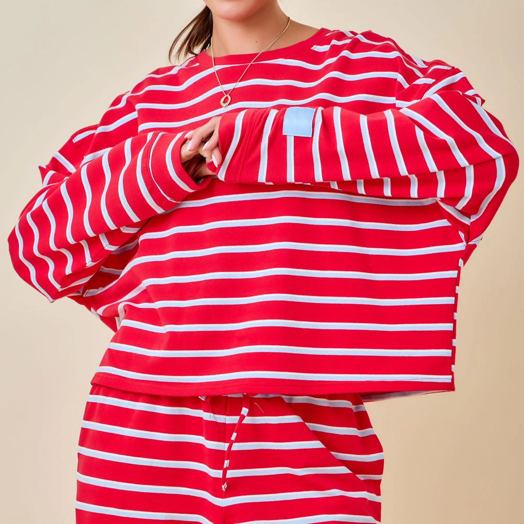 Custom Logo Casual Spring/Summer Women's Crew Neck Long Sleeve Double Striped Terry Loose Fit Sweatshirt Skort Set Breathable