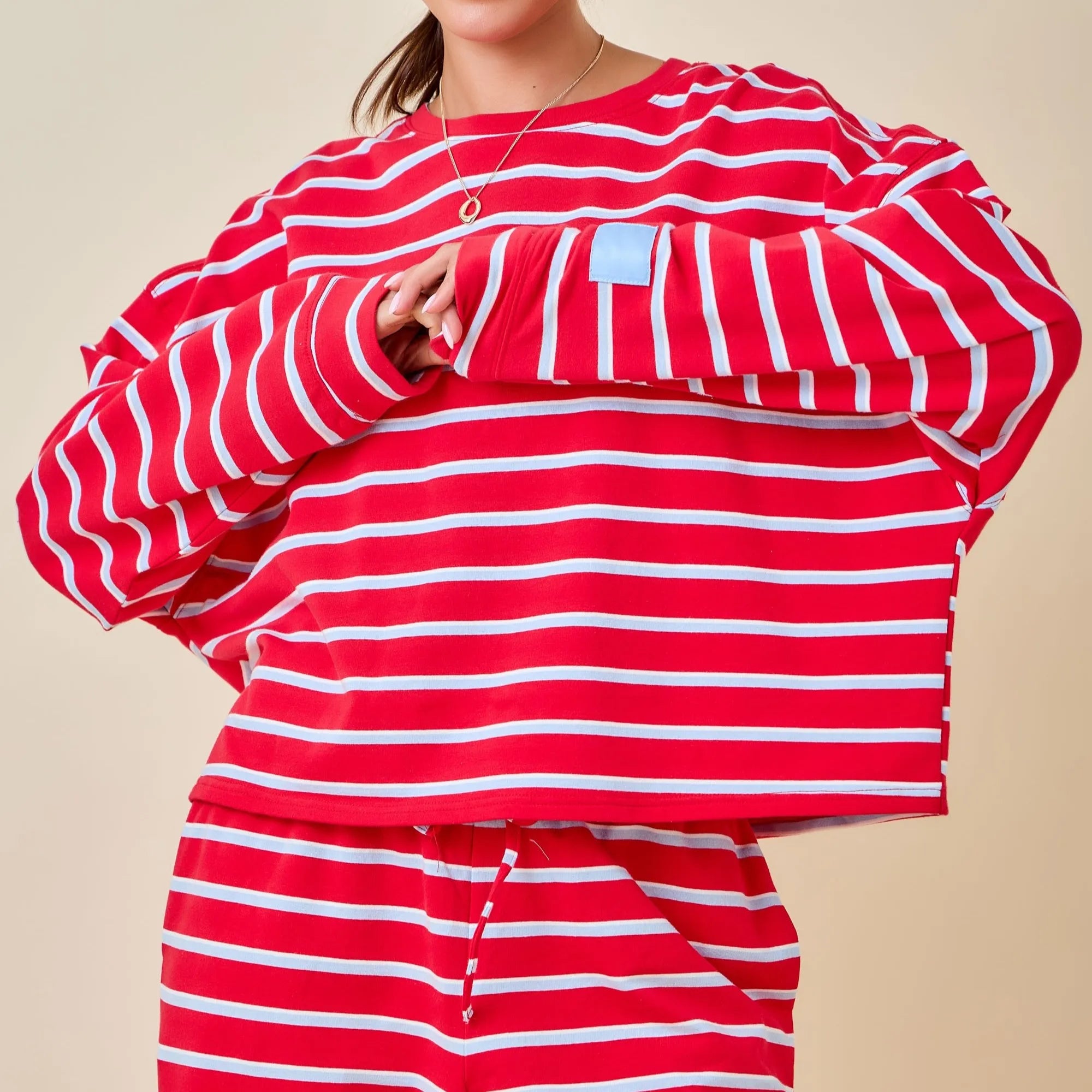 Custom Logo Casual Spring/Summer Women's Crew Neck Long Sleeve Double Striped Terry Loose Fit Sweatshirt Skort Set Breathable