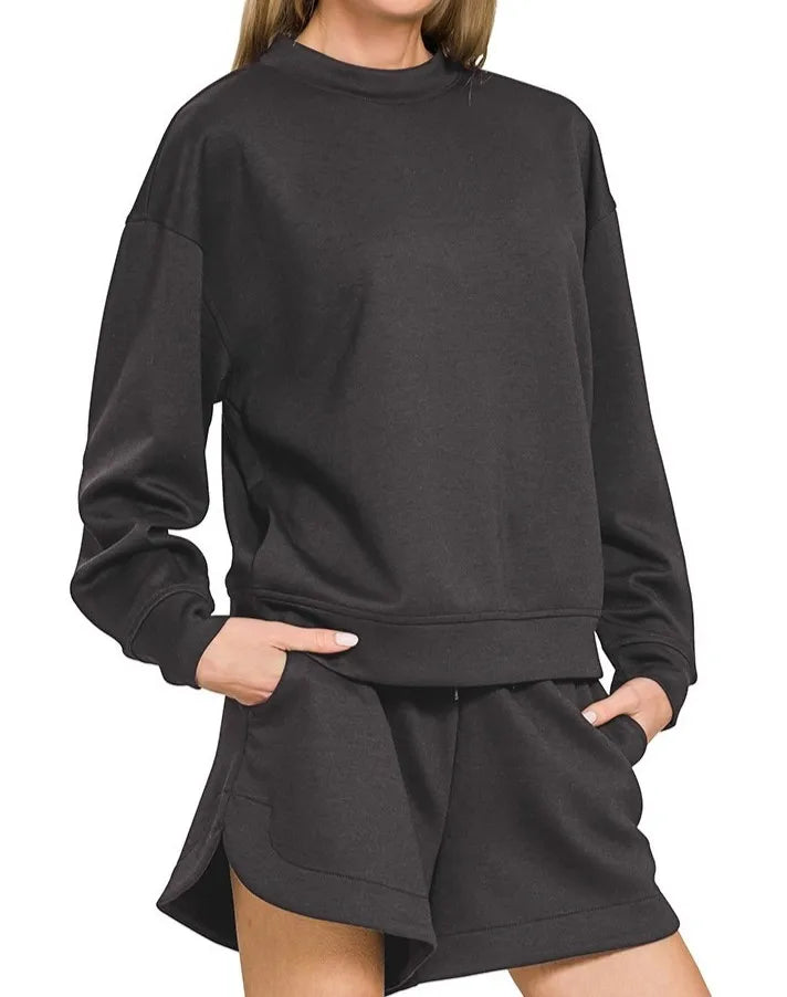 Wholesale Custom  Summer Cotton Long Sleeves Crewneck Sweatshirts Pullover Shorts Two Piece Set for Women