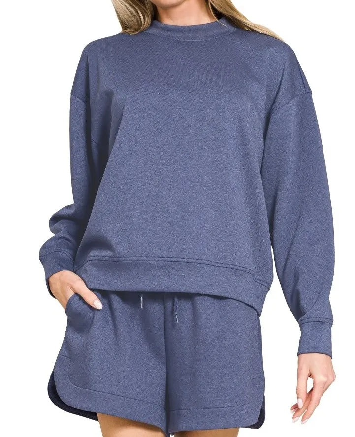 Wholesale Custom  Summer Cotton Long Sleeves Crewneck Sweatshirts Pullover Shorts Two Piece Set for Women