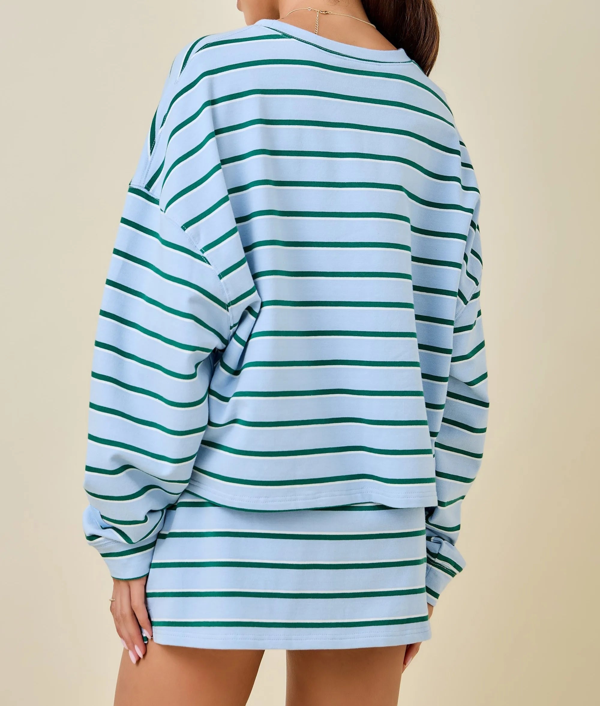 Custom Logo Casual Spring/Summer Women's Crew Neck Long Sleeve Double Striped Terry Loose Fit Sweatshirt Skort Set Breathable
