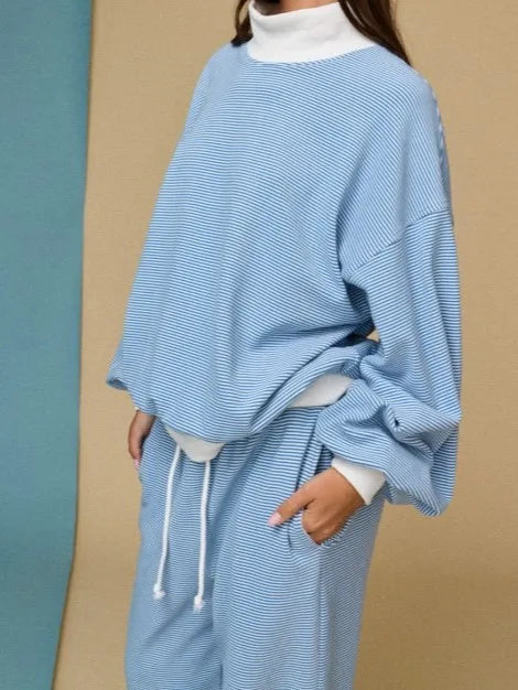 Custom Wholesale Autumn Women's Striped Terry Loose Long Sleeves Mock Neck Sweatshirts Pullover Pants Two Piece Set Manufacturer
