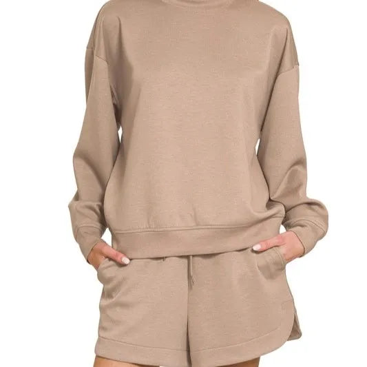 Wholesale Custom  Summer Cotton Long Sleeves Crewneck Sweatshirts Pullover Shorts Two Piece Set for Women