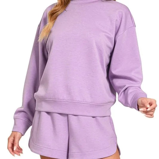 Wholesale Custom  Summer Cotton Long Sleeves Crewneck Sweatshirts Pullover Shorts Two Piece Set for Women