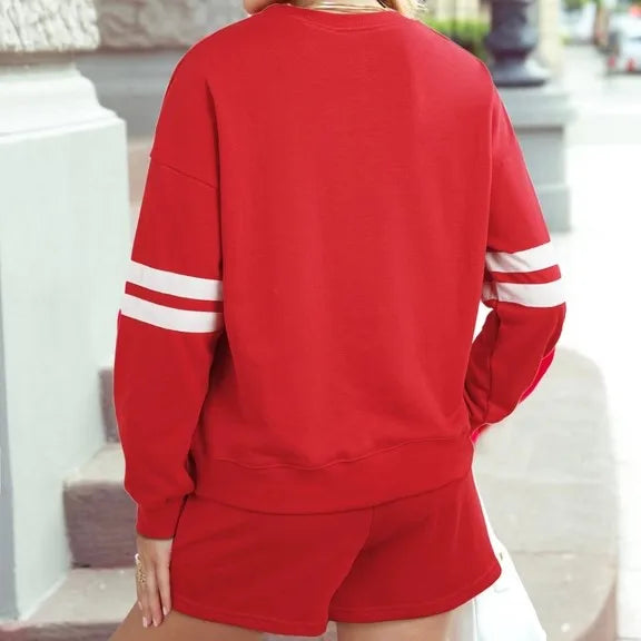 Custom Wholesale Autumn Women's Striped Long Sleeves Crew Neck Sweatshirts Pullover Shorts Two Piece Set Manufacturer