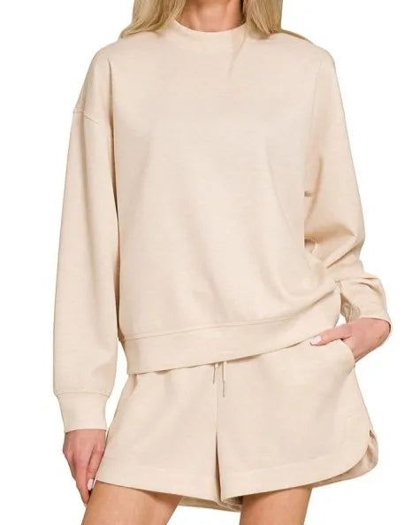 Wholesale Custom  Summer Cotton Long Sleeves Crewneck Sweatshirts Pullover Shorts Two Piece Set for Women