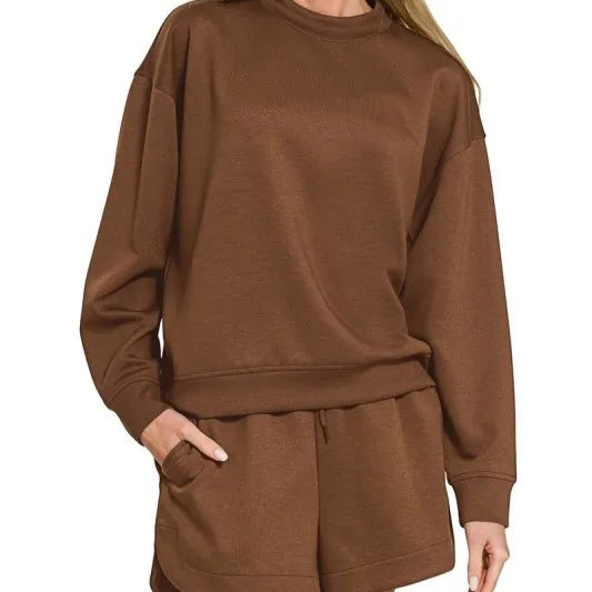 Wholesale Custom  Summer Cotton Long Sleeves Crewneck Sweatshirts Pullover Shorts Two Piece Set for Women