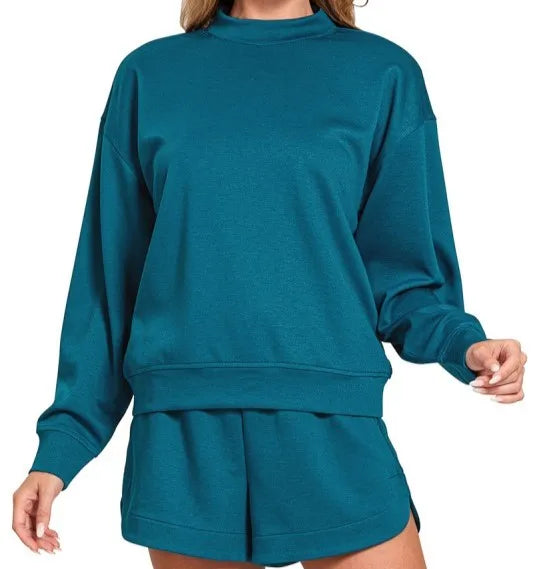 Wholesale Custom  Summer Cotton Long Sleeves Crewneck Sweatshirts Pullover Shorts Two Piece Set for Women