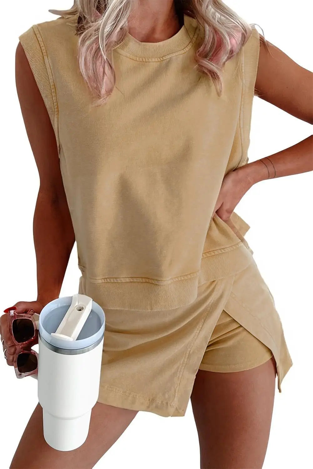 2 Piece Mineral Wash Tank Top Vest Lined Split Skirt Set for Women