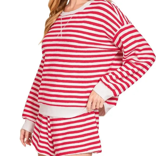 Custom Wholesale Autumn Women's Striped Cropped Long Sleeves Crewneck Sweatshirts Pullover Shorts Two Piece Set Manufacturer