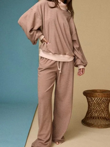 Custom Wholesale Autumn Women's Striped Terry Loose Long Sleeves Mock Neck Sweatshirts Pullover Pants Two Piece Set Manufacturer