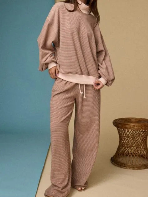 Custom Wholesale Autumn Women's Striped Terry Loose Long Sleeves Mock Neck Sweatshirts Pullover Pants Two Piece Set Manufacturer