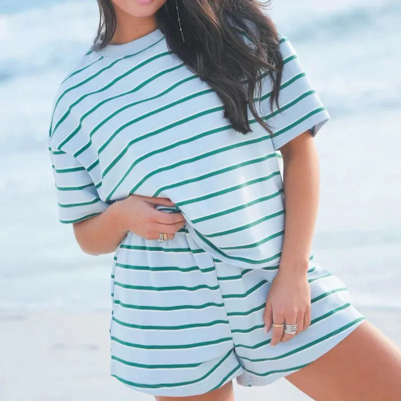 Custom Logo Casual Spring/Summer Women's Crew Neck Double Striped Patch Set Short Sleeve T-Shirts Skort Set Breathable
