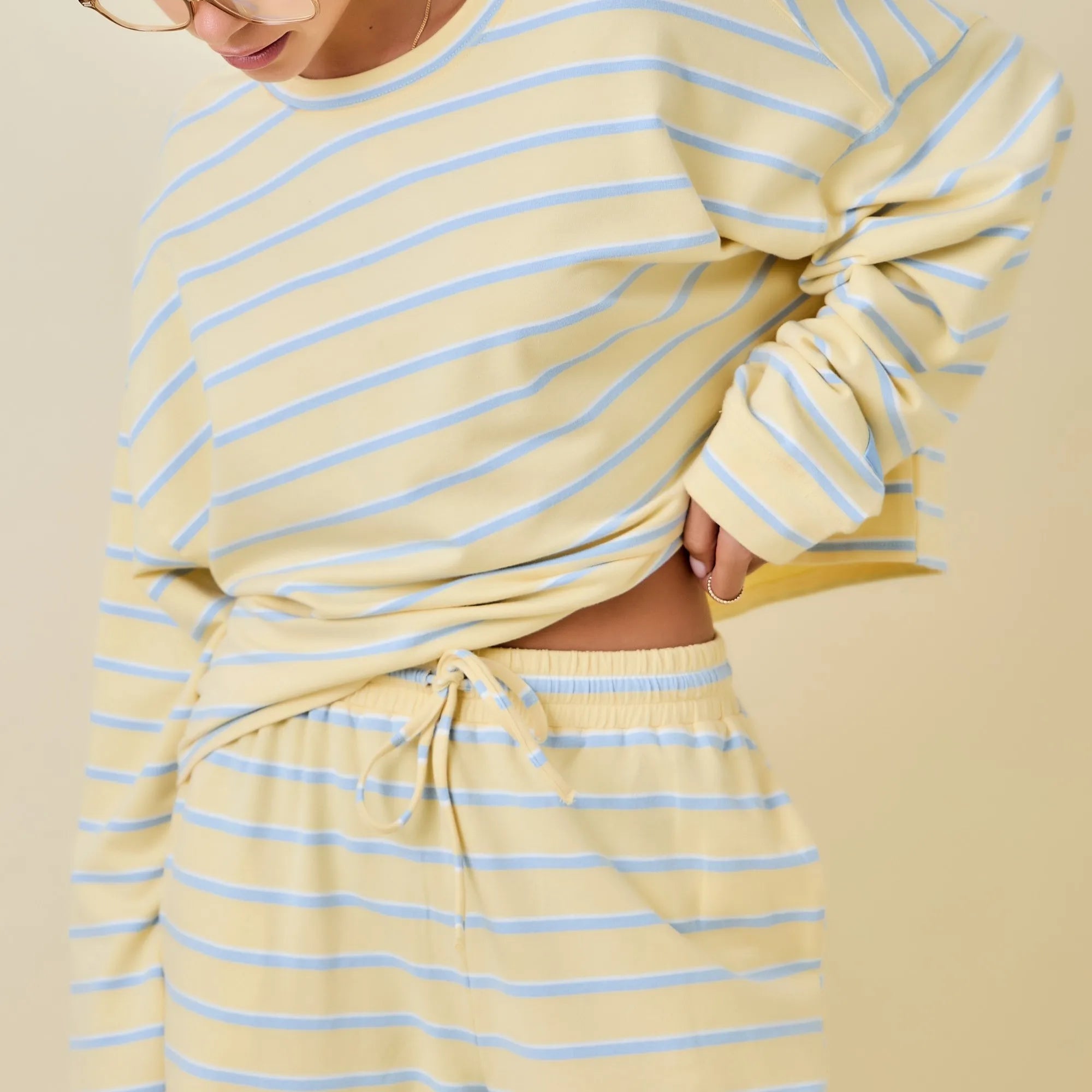 Custom Logo Casual Spring/Summer Women's Crew Neck Long Sleeve Double Striped Terry Loose Fit Sweatshirt Skort Set Breathable