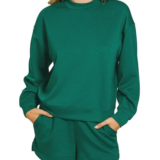 Wholesale Custom  Summer Cotton Long Sleeves Crewneck Sweatshirts Pullover Shorts Two Piece Set for Women