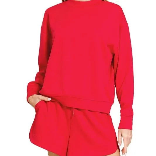 Wholesale Custom  Summer Cotton Long Sleeves Crewneck Sweatshirts Pullover Shorts Two Piece Set for Women