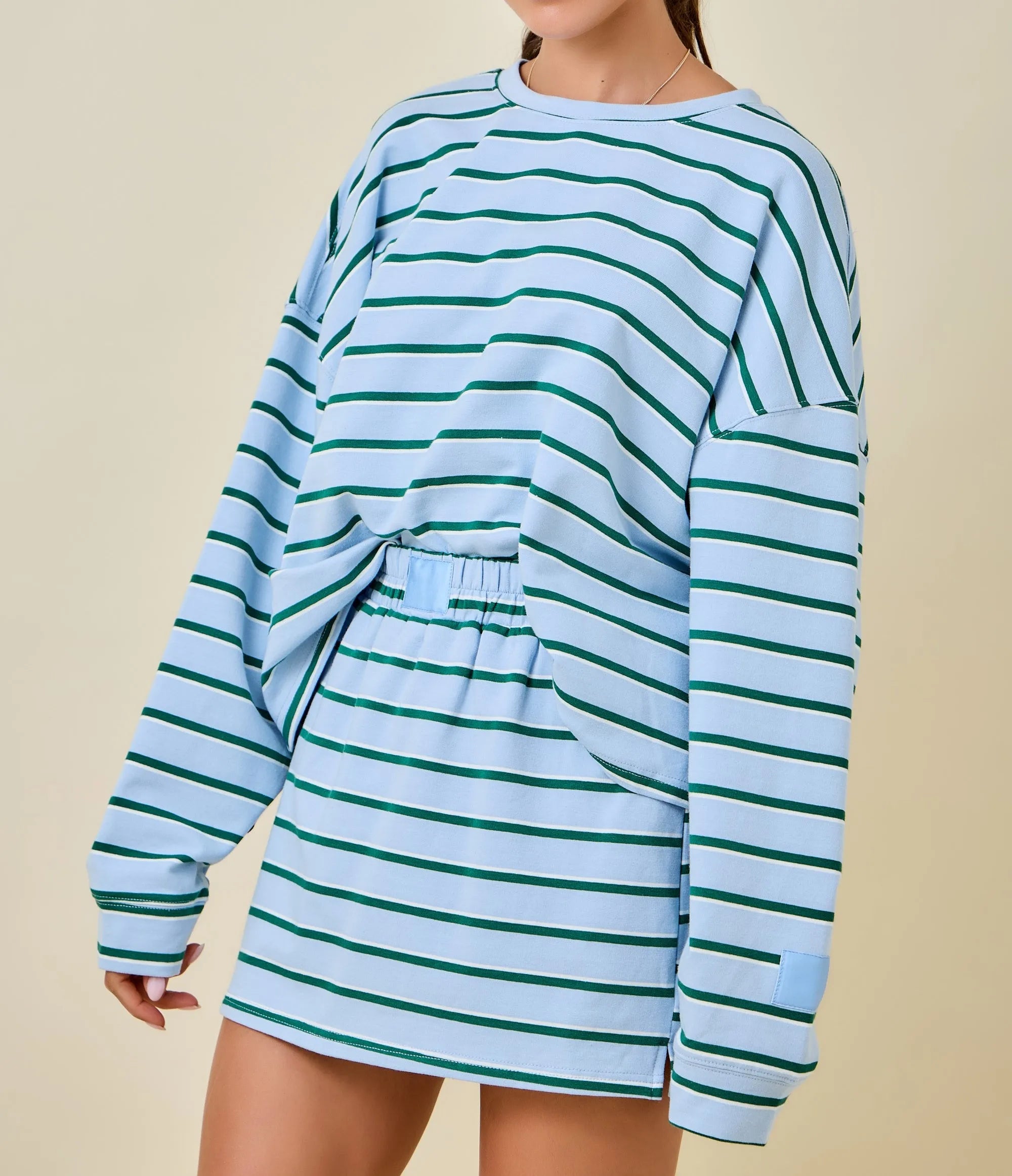 Custom Logo Casual Spring/Summer Women's Crew Neck Long Sleeve Double Striped Terry Loose Fit Sweatshirt Skort Set Breathable