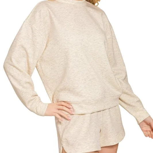 Wholesale Custom  Summer Cotton Long Sleeves Crewneck Sweatshirts Pullover Shorts Two Piece Set for Women
