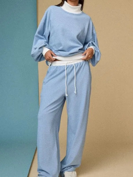 Custom Wholesale Autumn Women's Striped Terry Loose Long Sleeves Mock Neck Sweatshirts Pullover Pants Two Piece Set Manufacturer