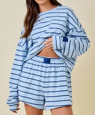 Custom Logo Casual Spring/Summer Women's Crew Neck Long Sleeve Double Striped Terry Loose Fit Sweatshirt Skort Set Breathable