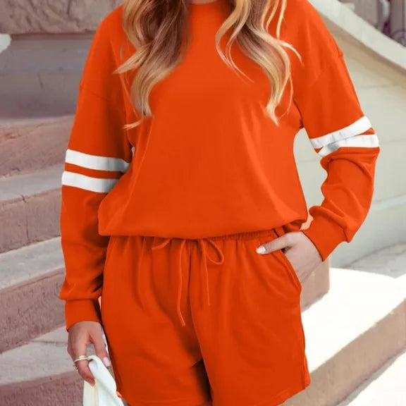 Custom Wholesale Autumn Women's Striped Long Sleeves Crew Neck Sweatshirts Pullover Shorts Two Piece Set Manufacturer