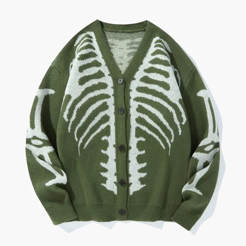 Skeleton Print Button-Front Knitwear Top - Casual Halloween Fall Wear