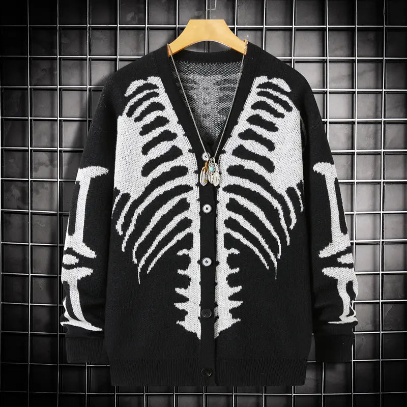 Skeleton Print Button-Front Knitwear Top - Casual Halloween Fall Wear