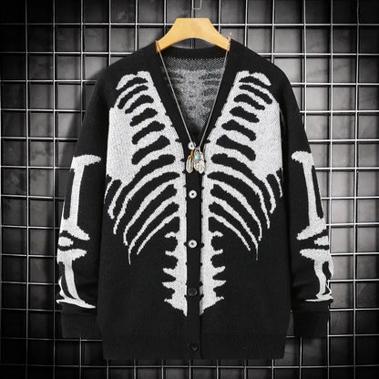 Skeleton Print Button-Front Knitwear Top - Casual Halloween Fall Wear