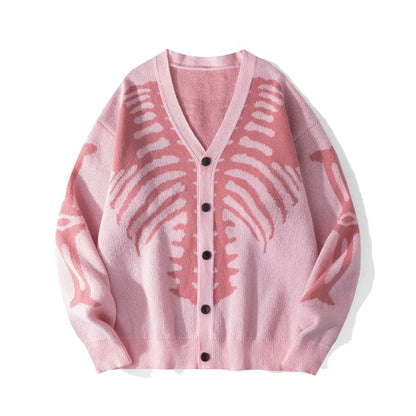 Skeleton Print Button-Front Knitwear Top - Casual Halloween Fall Wear